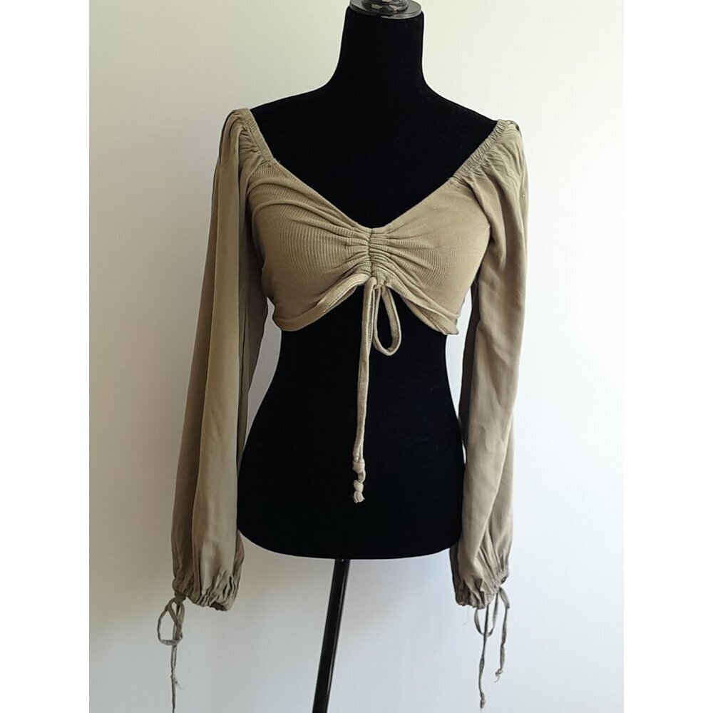 Womens Peasant Top Milkmaid Going Out Long Sleeve Cropped Size L Khaki Green